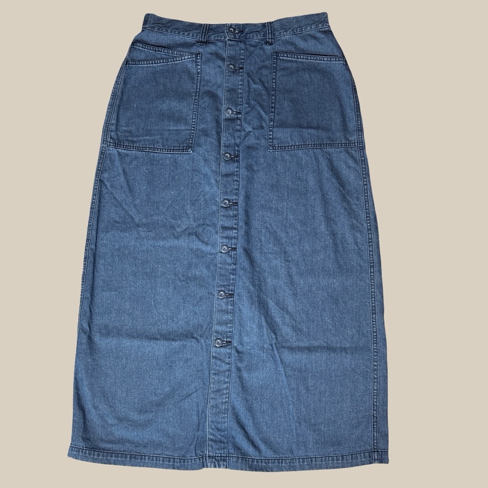 Vintage Field Gear Denim Maxi Skirt Button Front High Waist Utility Pockets 12P
